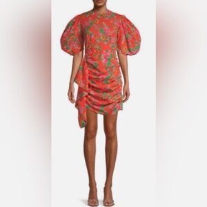 RHODE Pia Tapestry Print Puff Sleeve Mini Dress In Red M